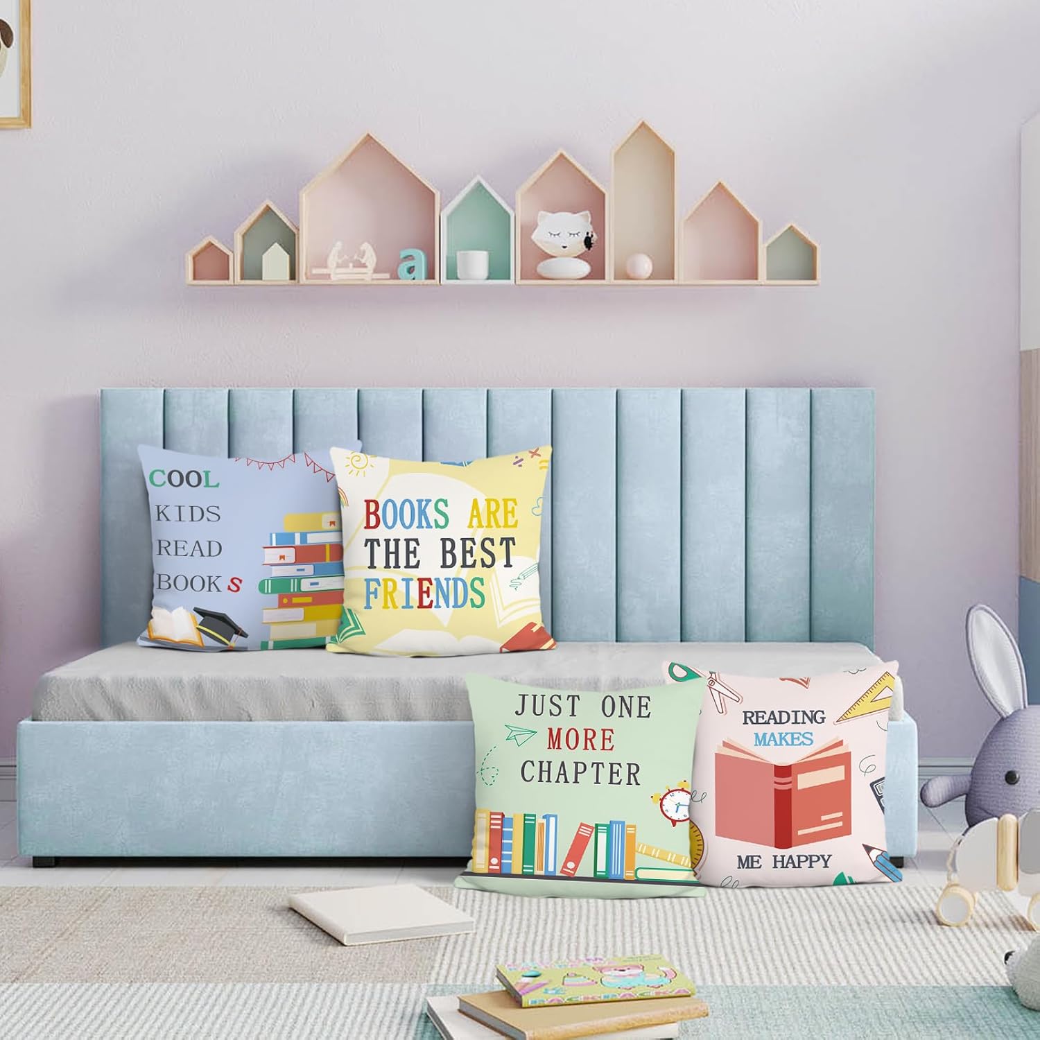 Reading Throw Pillow Covers, Colorful Books Kids Velvety Decorative Pillowcases for Sofa Bed Home Kids Room Classroom Set of 4, 18 x 18 Inches - Image 2