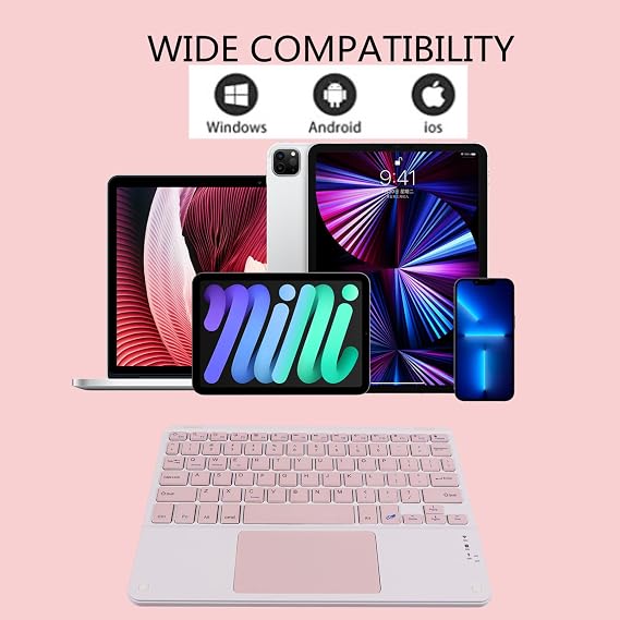 Bluetooth Keyboard with Touchpad, Ultra Slim Rechargeable Wireless Tablet Keyboard with Trackpad,Portable Universal Small Travel Keypad for iOS iPad Pro/iPad Air/iPad/iPad Mini,Android Windows(Pink)