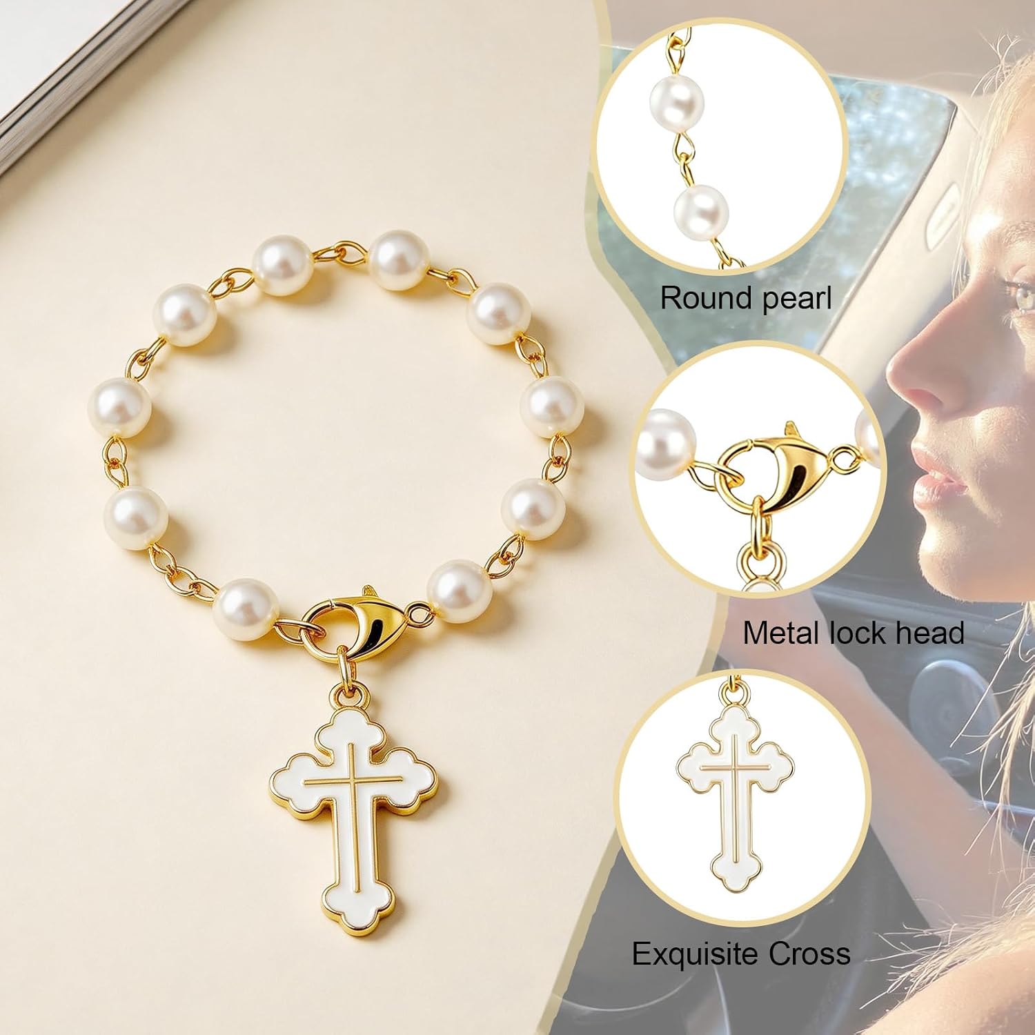 2 Pcs Car Rosary - Steering Wheel Charm Accessory & Cross Pearl Pendant image 3