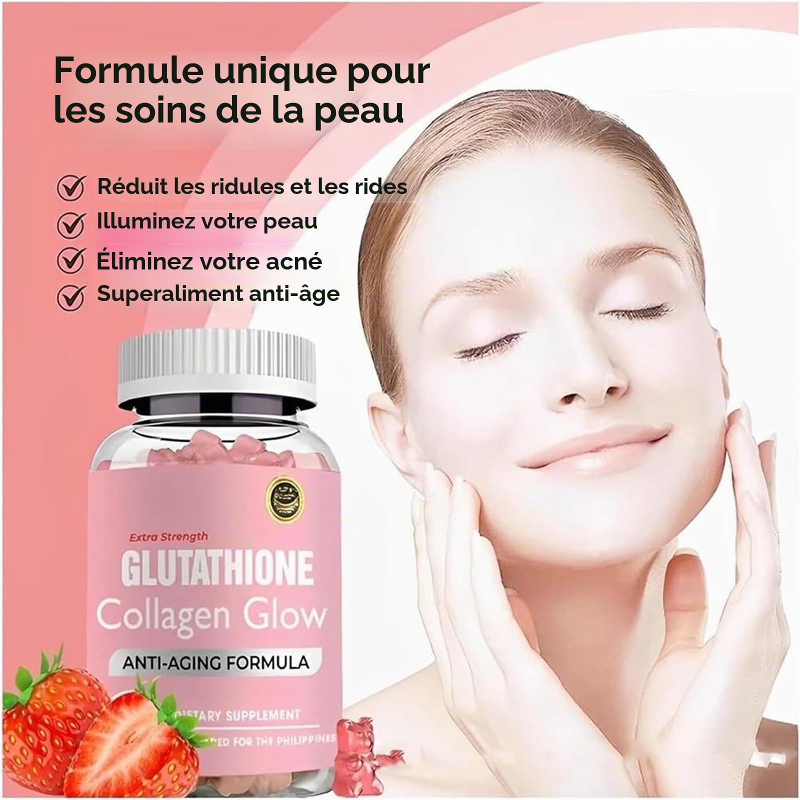 Glutathion Collagen Glow Gummies, glutathion Collagen Glow Gummies pour taches sombres, 60 pièces/flacon de glutathion coréen pour femmes, bonbons gélifiés au collagène coréen pour taches