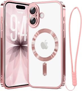 Pepmune iPhone 16 Plus 用 保护壳 MagSafe对应 透明 相机保护一体 相机膜 腕带 耐冲击 防划伤 透明 薄型 磁吸安全充电 支持iphone16plus智能手机壳 时尚 保护套 (玫瑰金)