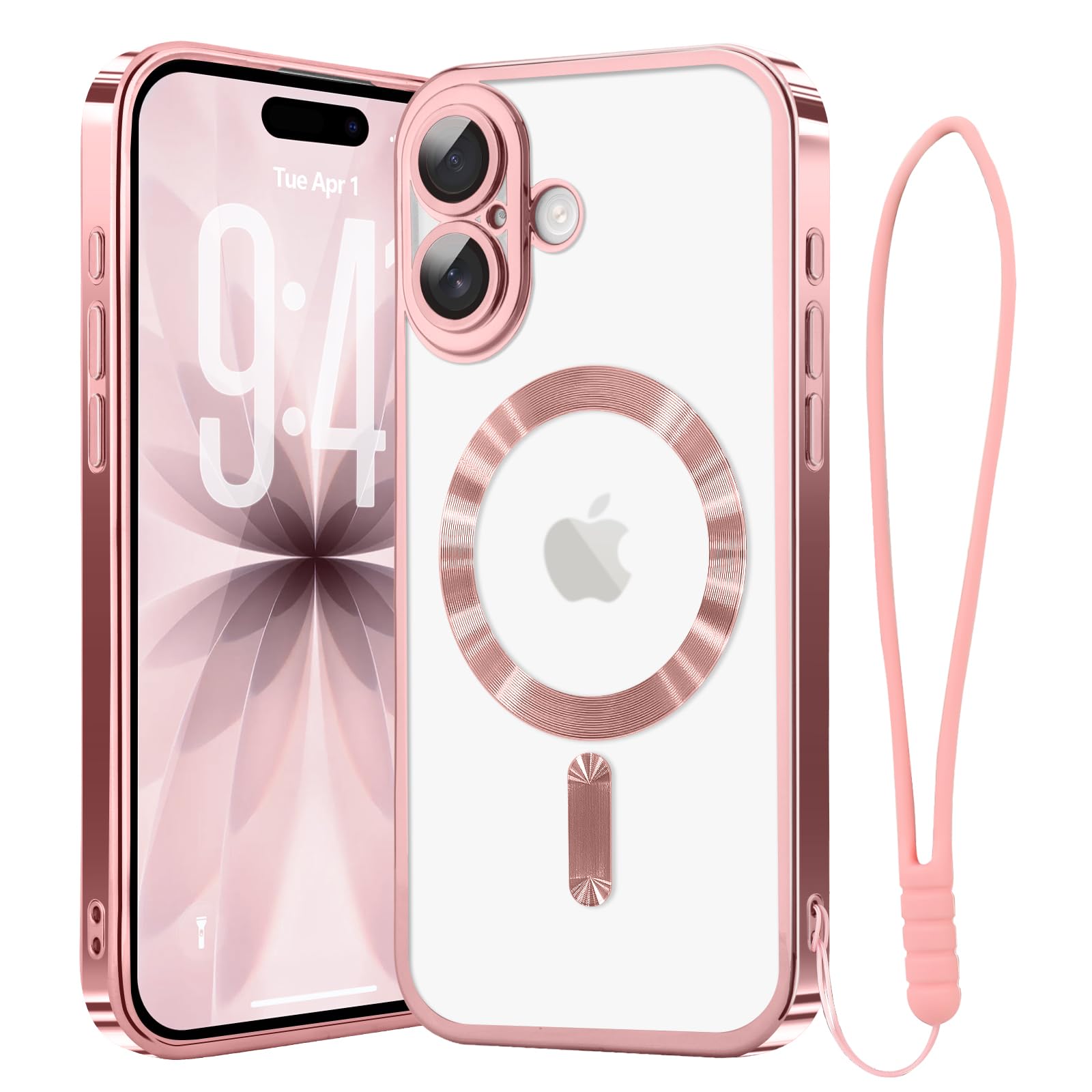 Pepmune iPhone 16 Plus 用 ケース MagSafe対応 クリア レンズフィルム付き 透明 カバー - ローズゴールド | いphone16plus対応 リストストラップ付き カメラ保護一体 耐衝撃 傷つけ防止 薄型 軽量 レンズ保護 マグセーフ対応 ワイヤレス充電対応 スマホケース おしゃれ スマホカバー