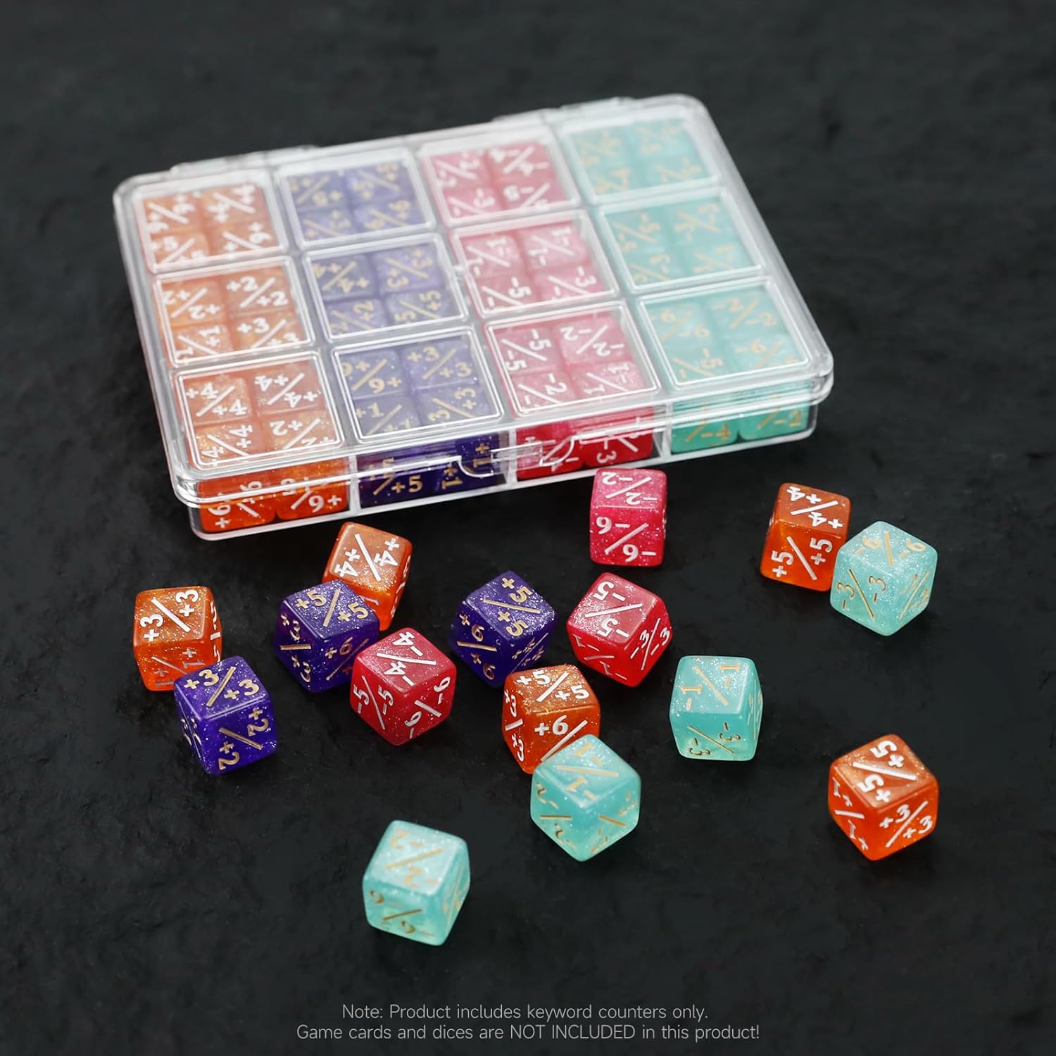 SIXPOINTS 48Pcs 12mm MTG Counter Dice Plus 1 Life Counters +1/+1 Tokens 4 Color 6 Sided Dice Set with Case for Magic The Gathering, MTG, TCG, Card Games Accessories (Purple &Pink &Orange &Blue)