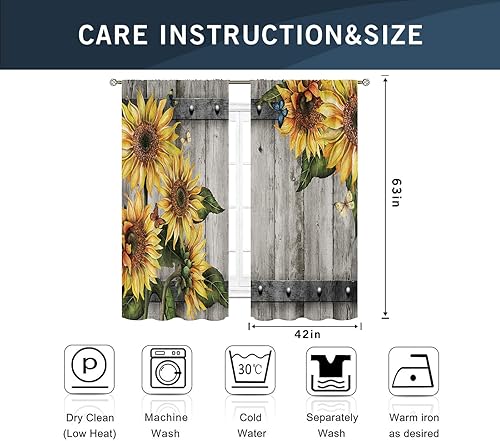 Miniatura 3 de Miyotaa Cortinas de madera rústica de girasol para ventana, 2 paneles de 42 pulgadas de ancho x 63 pulgadas de alto, bolsillo para barra, puerta de