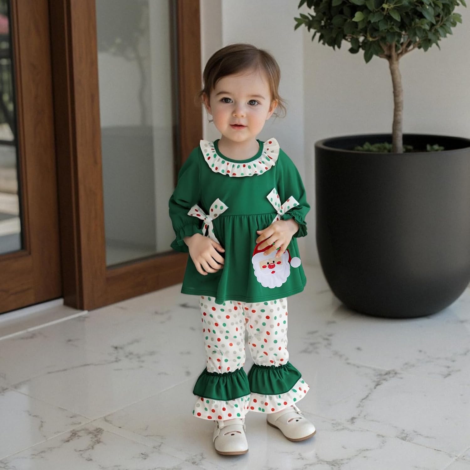 Toddler Baby Girl Christmas Outfit Ruffle Bow Gingerbread Long Sleeve T-Shirt Tops Bell Bottom Pants Set Fall Clothes - Image 3