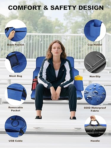 Miniatura 5 de Asiento de estadio con calefacción de doble cara de 25 pulgadas de ancho con soporte de respaldo, cómodo cojín, asiento de estadio con calefacción