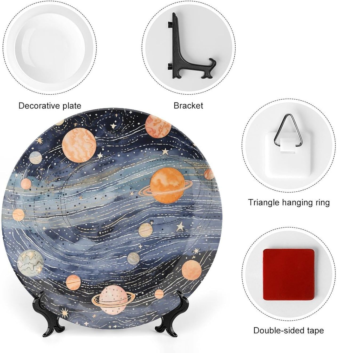 Space Themed Art Ceramic Plate 10inch Decorative Bone China Wall Hanging Ornament Plates Bohemian Style Dinner Plate with Display Stand Cabinet Display Plates for Home Art Decor