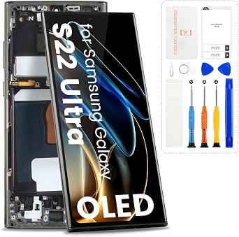 شاشة OLED لهاتف Samsung Galaxy S22 Ultra 5G بديلة لشاشة Samsung S22 Ultra LCD SM-S908U Digitizer Touch Screen Assembly مع إطار،إصدار أسود أمريكي