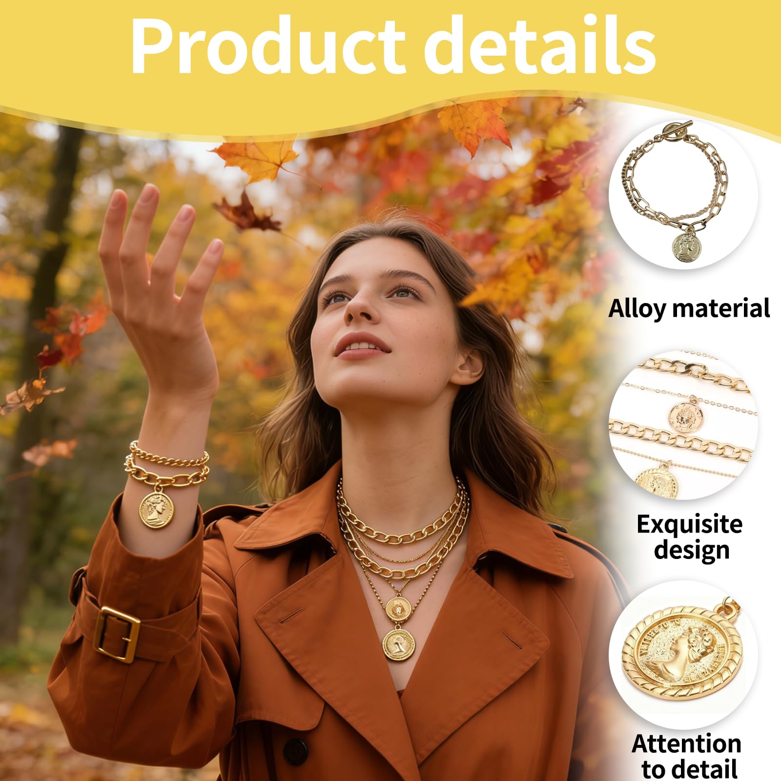 Set 2 Pezzi Collana e Bracciale Donna Oro – Collana Punk con Maglia Cubana e Pendente Moneta, Choker Spesso per Carnevale, Halloween e Feste a Tema