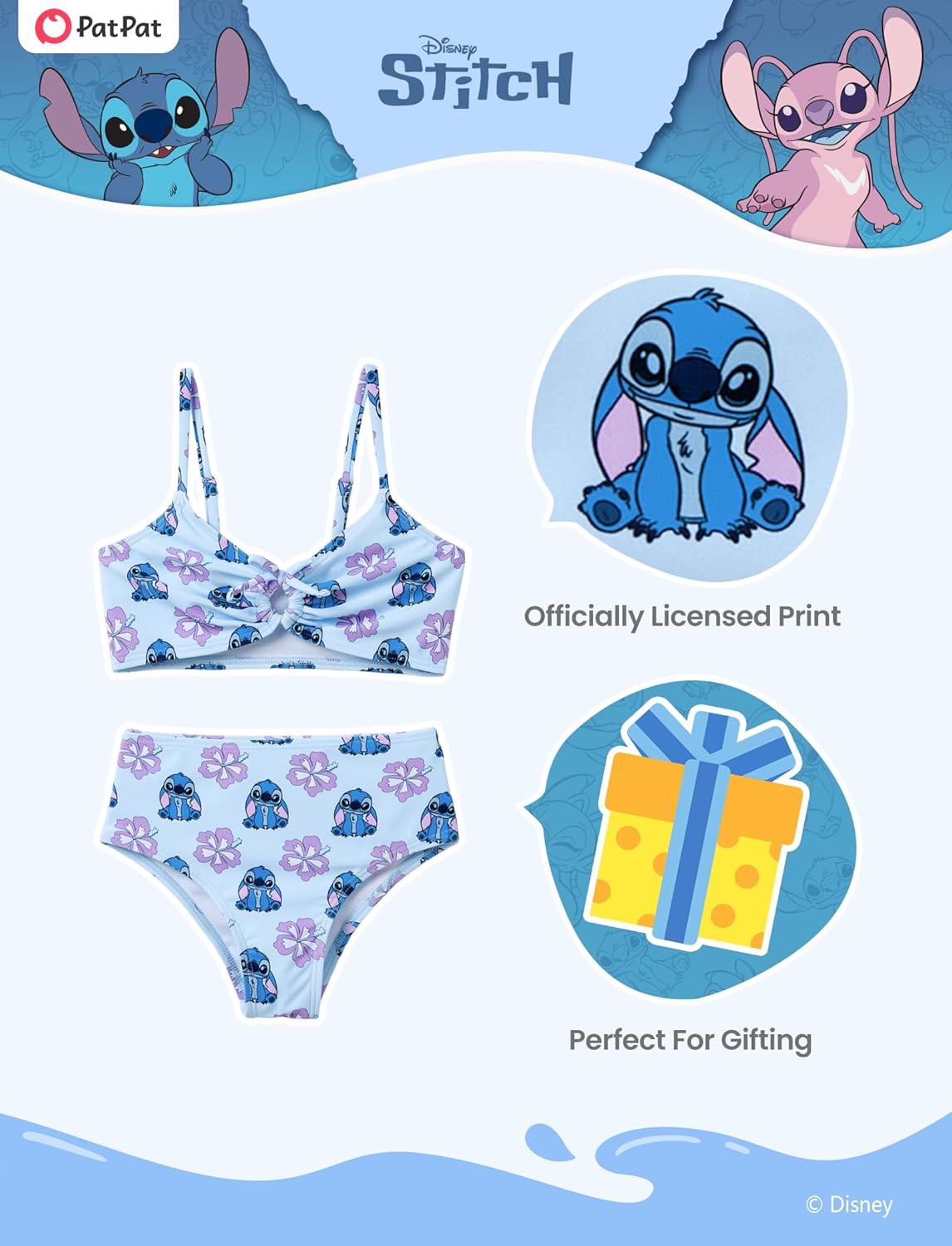 Disney Stitch Minnie Mouse Bikini Swimsuit, 2 Piece Toddler Girls Bathing Suit, Swimwear with Straps & Bow, UPF 50+ Rashguard