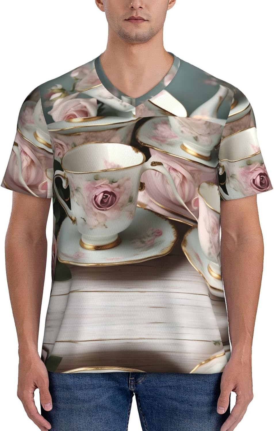 Tea Cups with Roses Romantic Rugby Football Jersey for Men, Comfortable V-Neck Loose Fit Top for Team Sports Athletics
