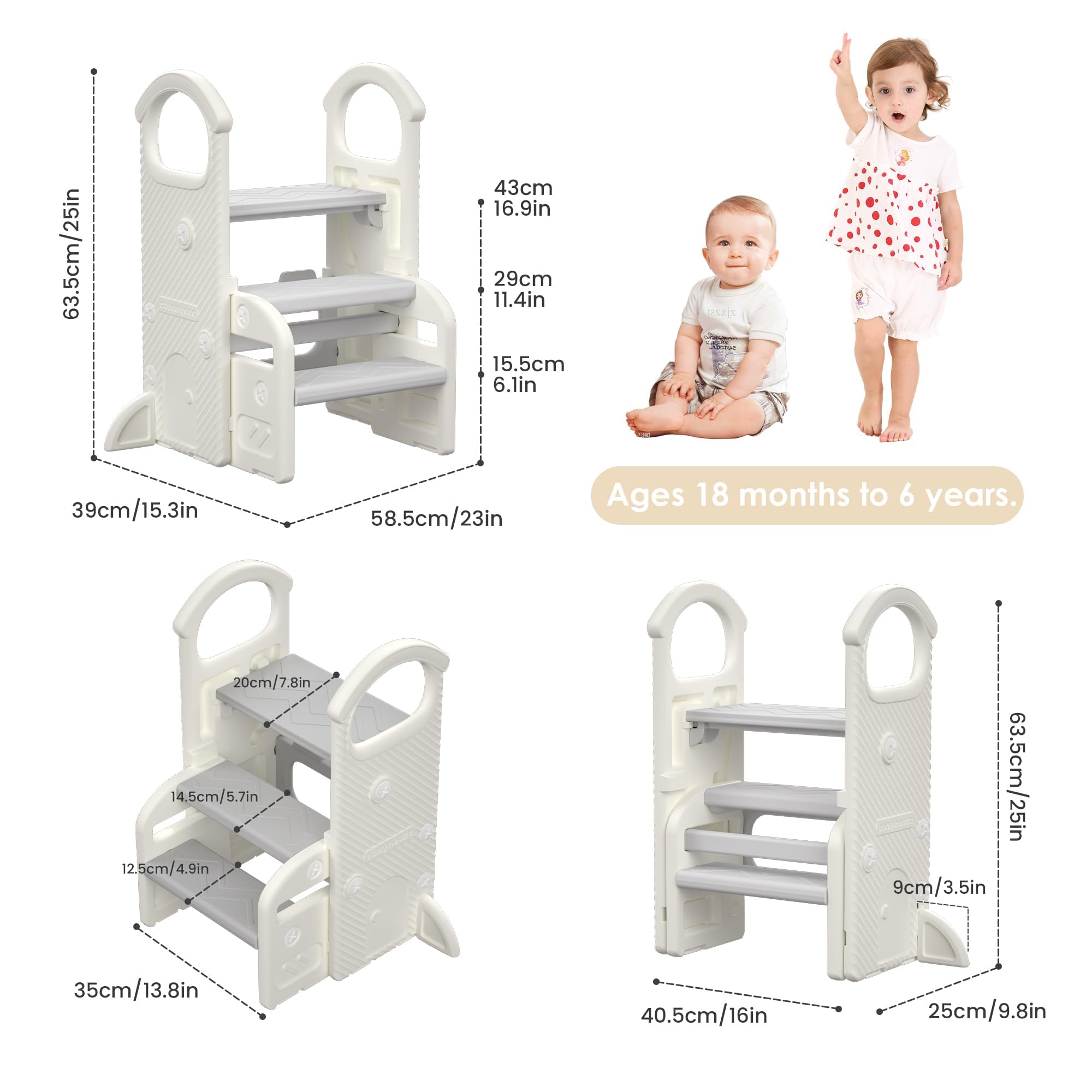 Sgabello Bambini con Maniglie, Scaletta Regolabile a 2 o 3 Gradini, Compatta e Antiscivolo per Bagno, Cucina, WC e Lavandino(Grigio)