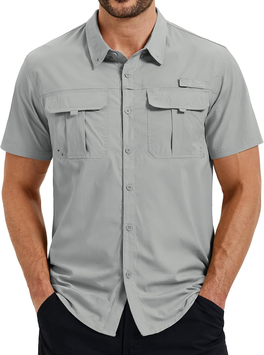 TACVASEN Men's Fishing Shirt with Pockets UPF50 Quick Dry Breathable Short Sleeve Button Down Sun Shirt for Work Tactical