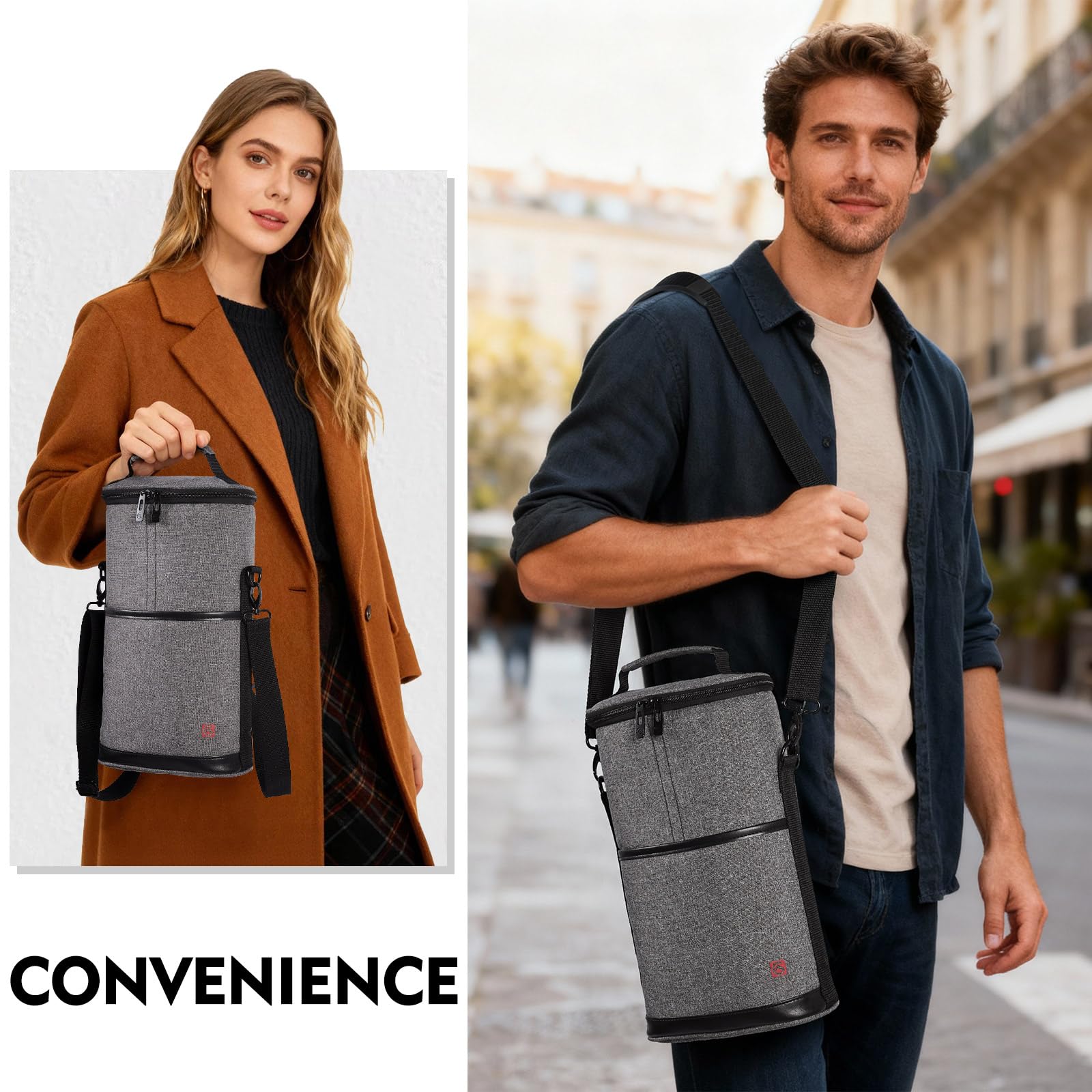 ALLCAMP 2 Bottle Wine Tote Carrier - Insulated Portable Padded Canvas Wine Bag for Travel, BYOB Restaurant, Wine Tasting, Party, Great Christmas Day Gift for Wine Lover，Gray