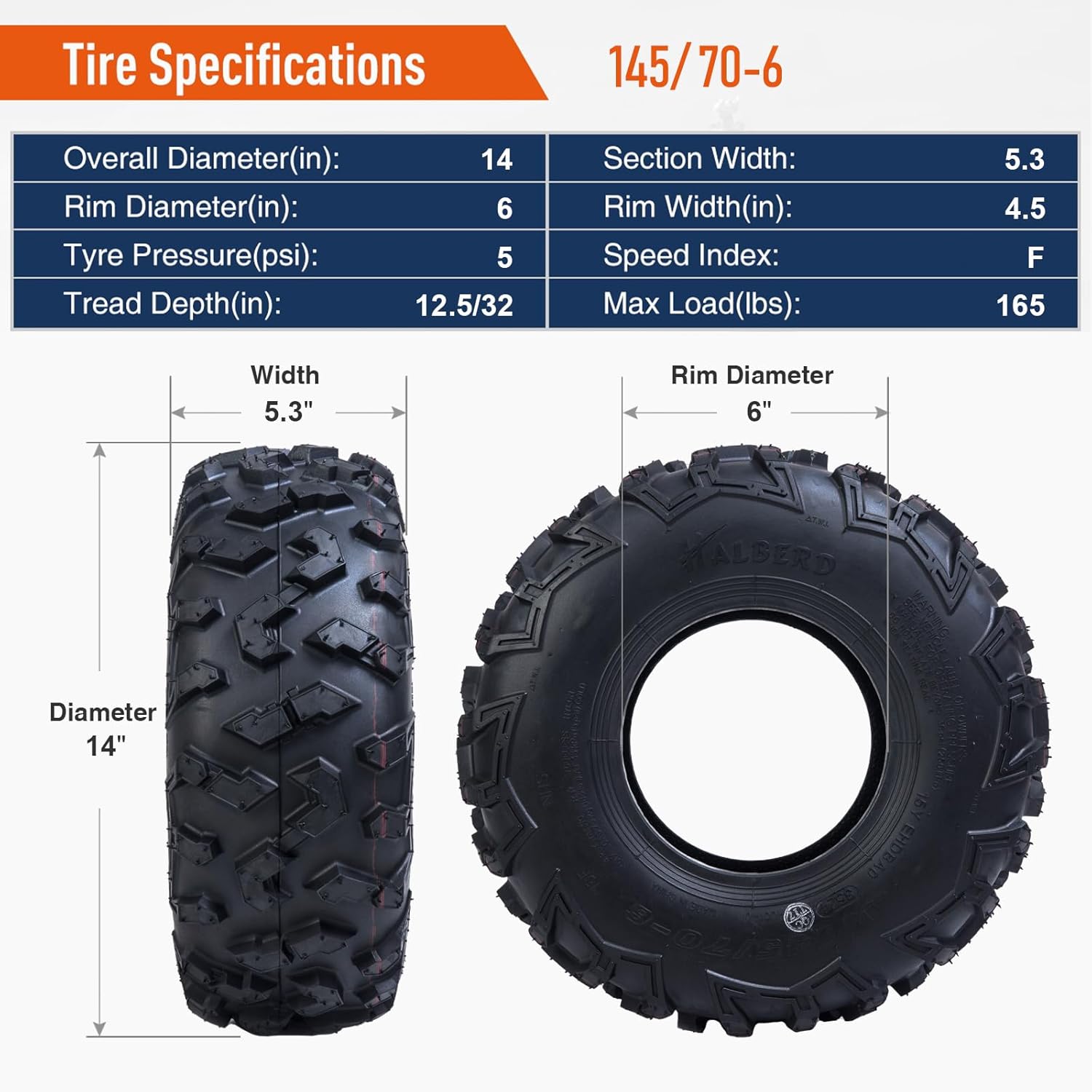 HALBERD 145/70-6 Tires for Go Kart Street Mini Bike, 4PR Off-road ATV Tires 145 70-6, Tubeless, Set of 2, HU01
