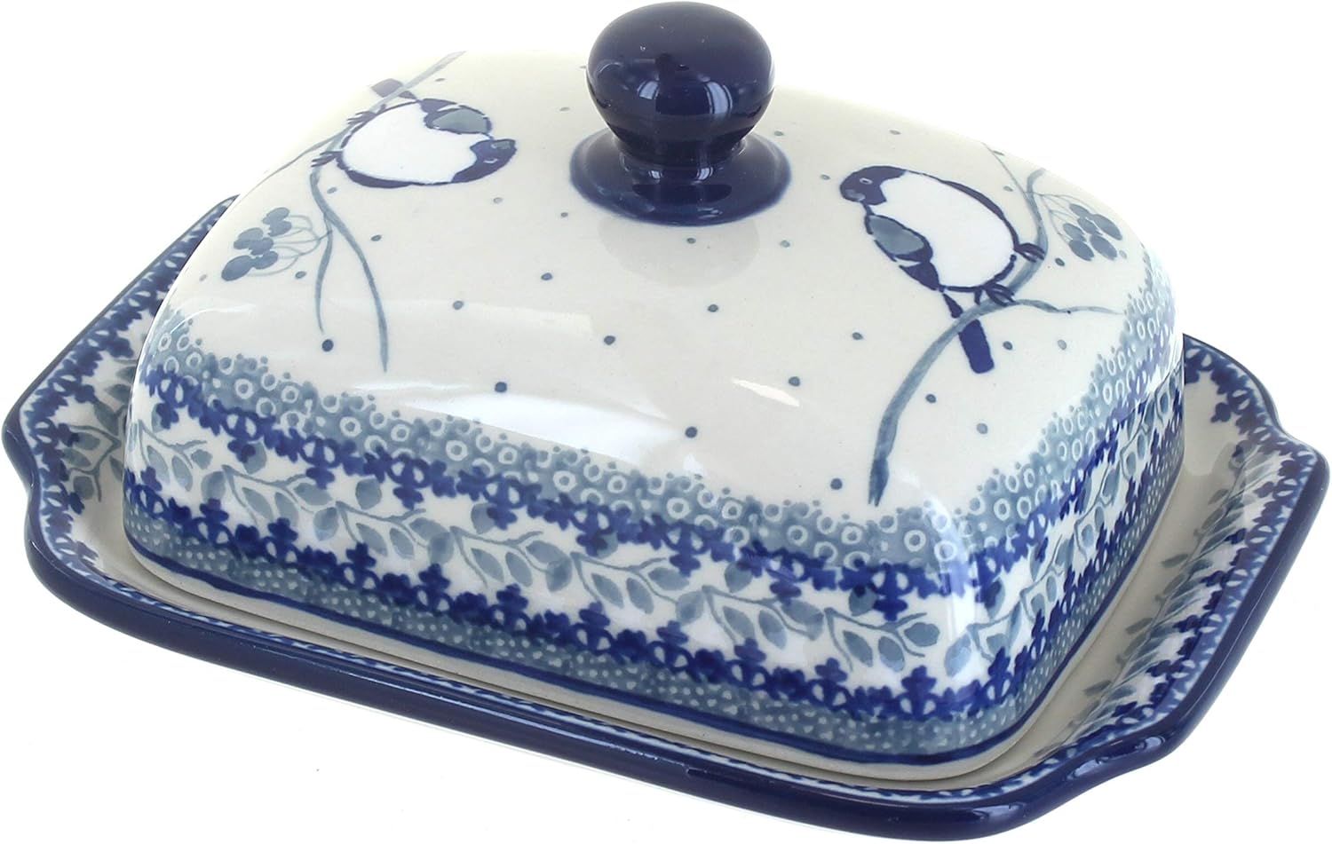 Blue Rose Polish Pottery - Bluebird Butter Dish - Fits 1 Stick - Butter Dish for Countertop Organization and Storage