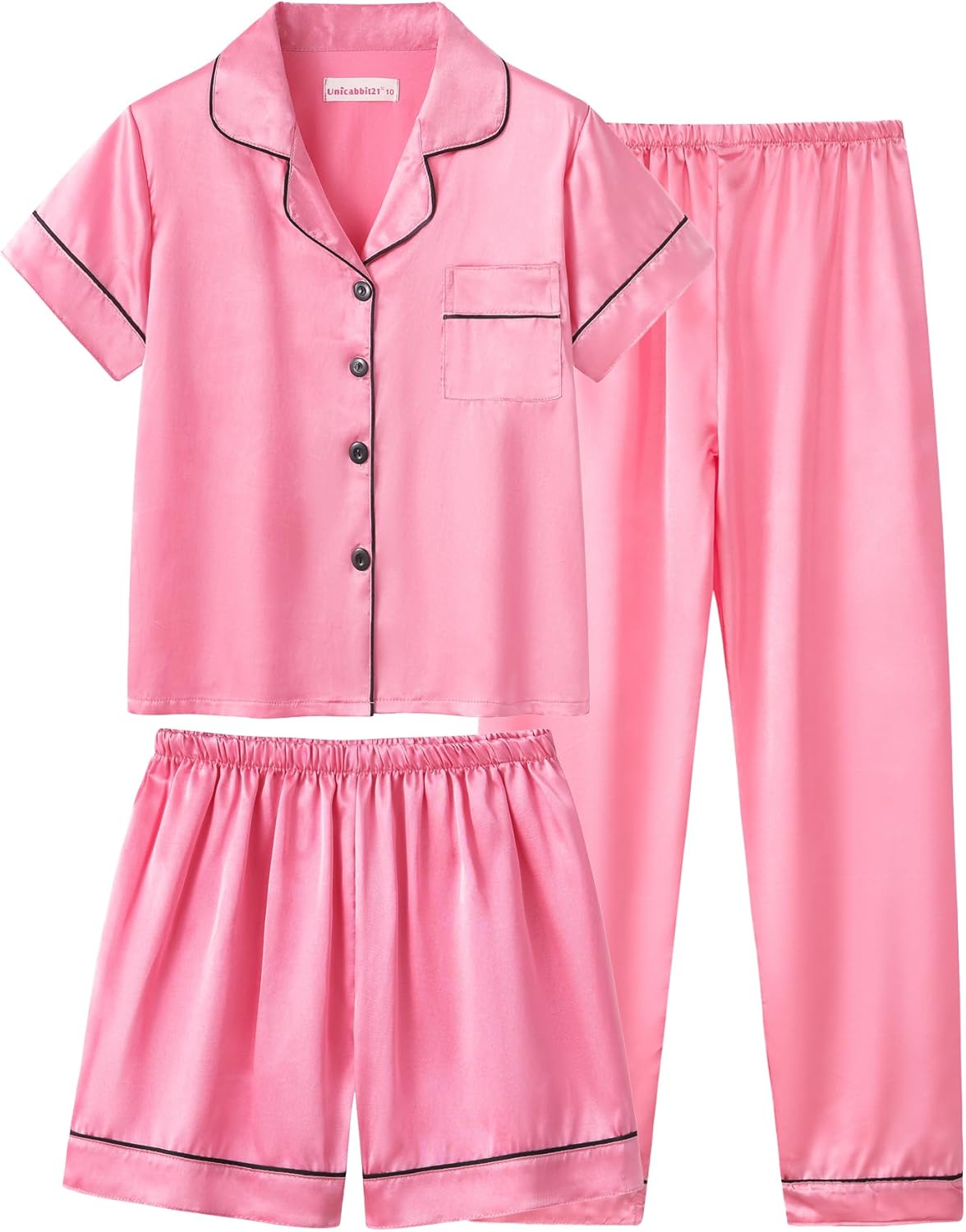 Satin Summer Pajamas for Big Girls Unisex Kids Silk Button Down Short Sleeve & Shorts PJS 3PCS Size 8-16