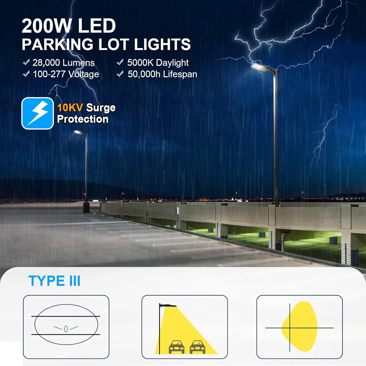 AKK 200W LED Parking Lot Light, 28,000LM with Dusk to Dawn Photocell. IP65 Waterproof, 5000K Daylight, Adjustable Arm Mount for Commercial & Large Areas. Saves 80% Energy, Long Lifespan, ETL Listed
