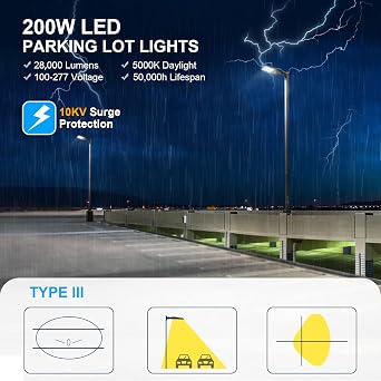 AKK 200W LED Parking Lot Light, 28,000LM with Dusk to Dawn Photocell. IP65 Waterproof, 5000K Daylight, Adjustable Arm Mount for Commercial & Large Areas. Save 80% Energy, 50000Hrs Lifespan, ETL Listed