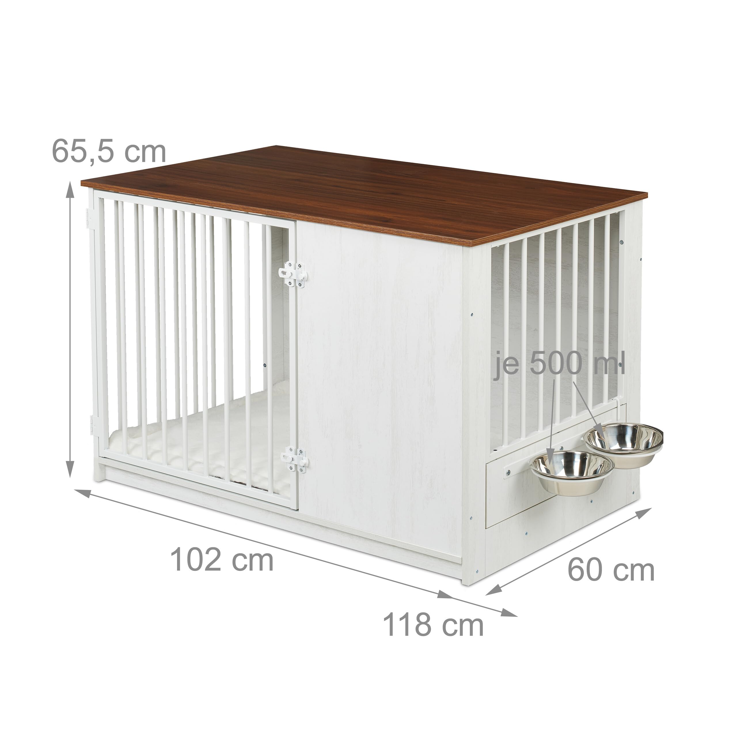 Relaxdays Hundekäfig, für Zuhause, HBT: 65,5x102x60 cm, Hundemöbel, 2 drehbare Näpfe, Hundebox, MDF & Stahl, weiß/braun