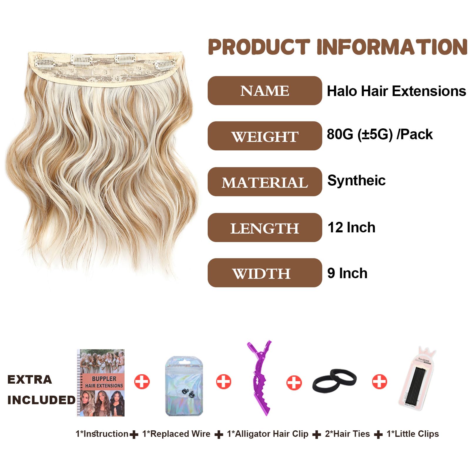 BUPPLER Halo Hair Extensions 12 Inch Invisible Wire Hair Extensions Adjustable Long Wavy Hairpiece Synthetic Upgrade 4 Secure Clips in Hairpieces 12 Inch,Golden Brown Mix Blonde - Image 2