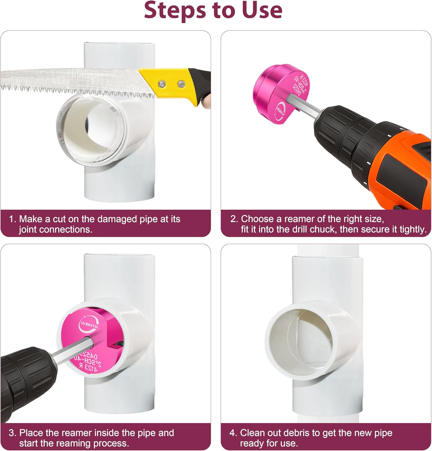 6 Pcs PVC Pipe Reamer Kit, PVC Fitting Saver Socket Saver Plumbing Tool with 3/4", 1", 1-1/2", 2", 3" and 4" Head, Plastic Pipe Fitting Reamer for SCH40 CPVC ABS, Fits Standard 1/2" Drill