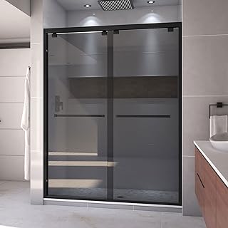 Encore 56-60 inch W x 76 inch H Semi-Frameless Bypass Shower Door in Matte Black and Smoke Gray Glass