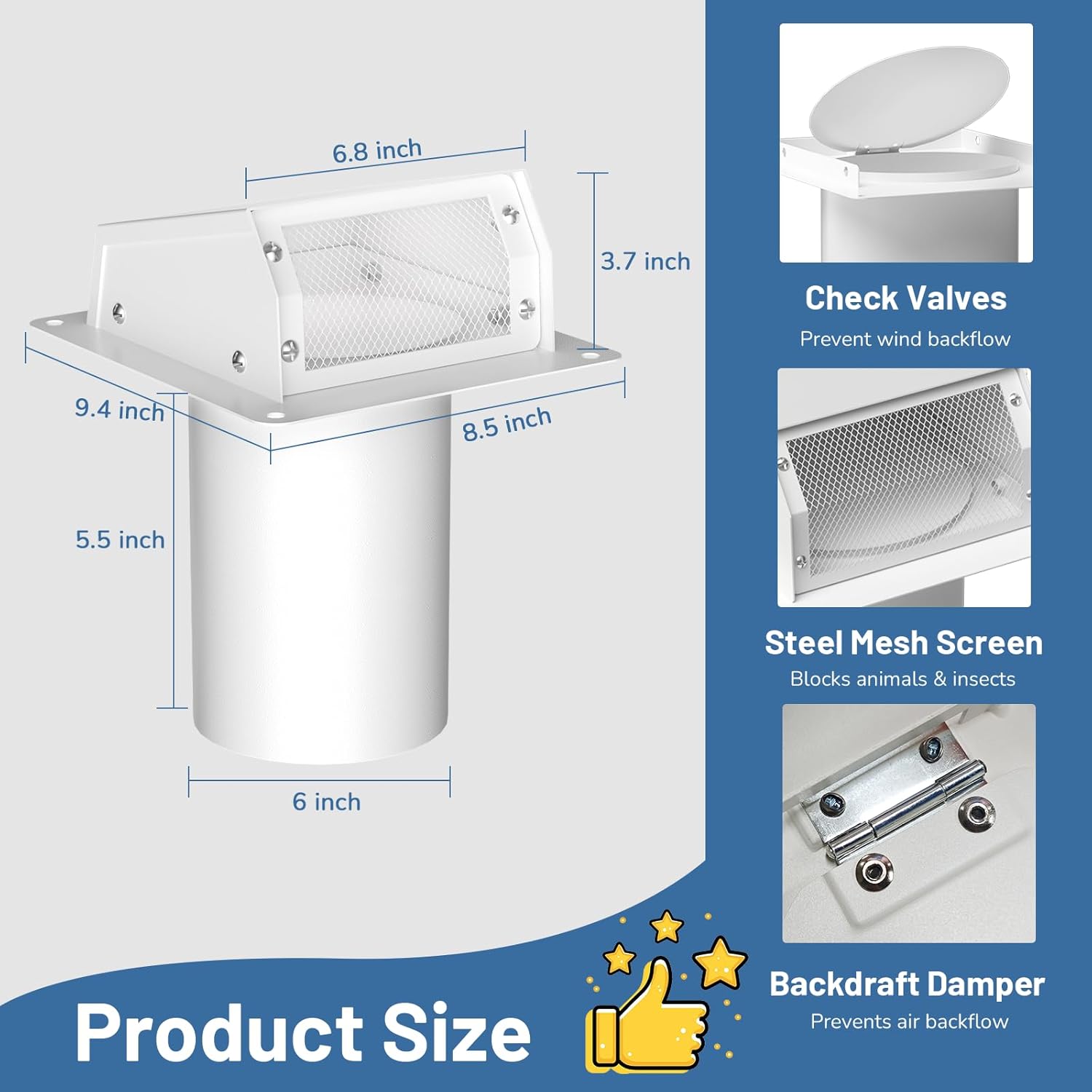 6 Inch Dryer Vent Cover Outside, Galvanized Steel Exterior Hooded Wall Vent Cover with Removable Screen & Cushioned Backdraft Flap, Exhaust Vent for House Through-Wall Dryer Vent Kit (White - 6 Inch)