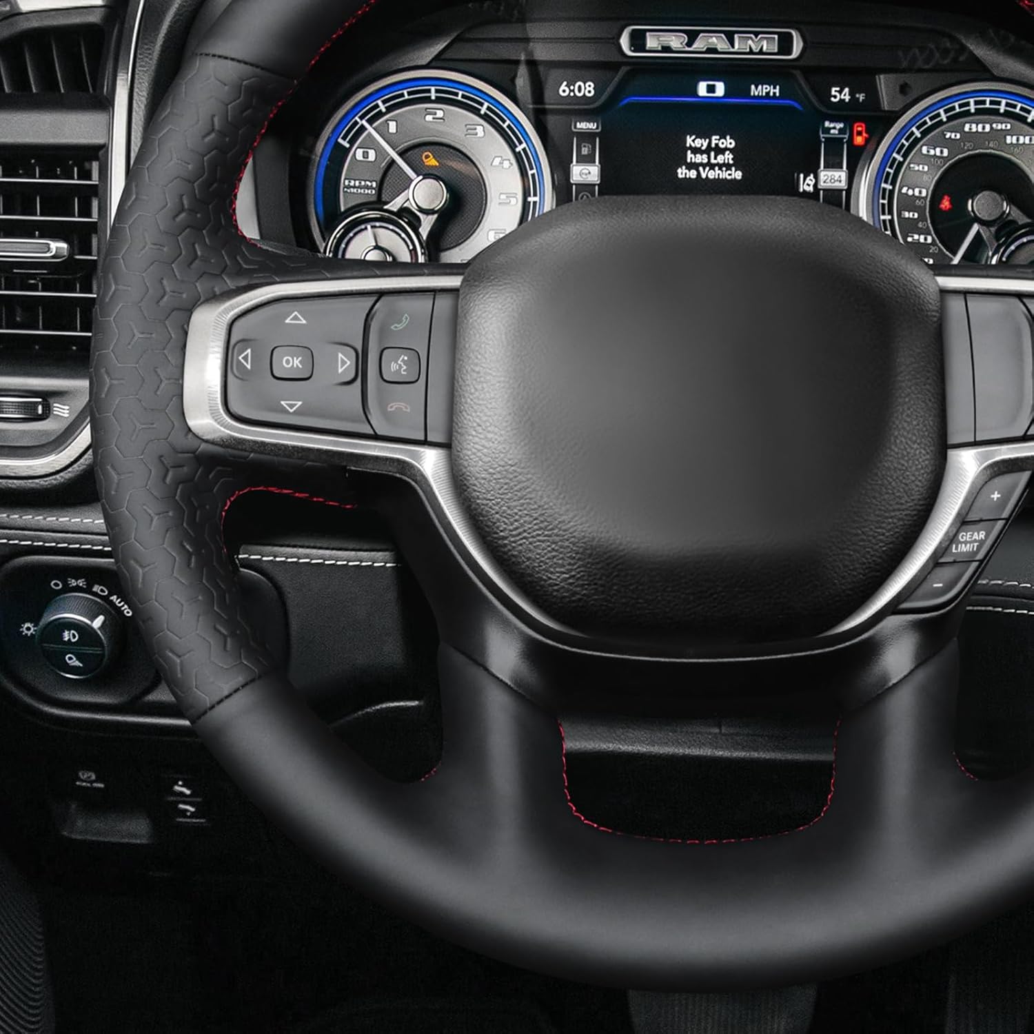 MEWANT DIY Black Solid Geom Embossed Faux Leather Steering Wheel Cover for Dodge Ram 1500 Laramie Big Horn 2019-2021