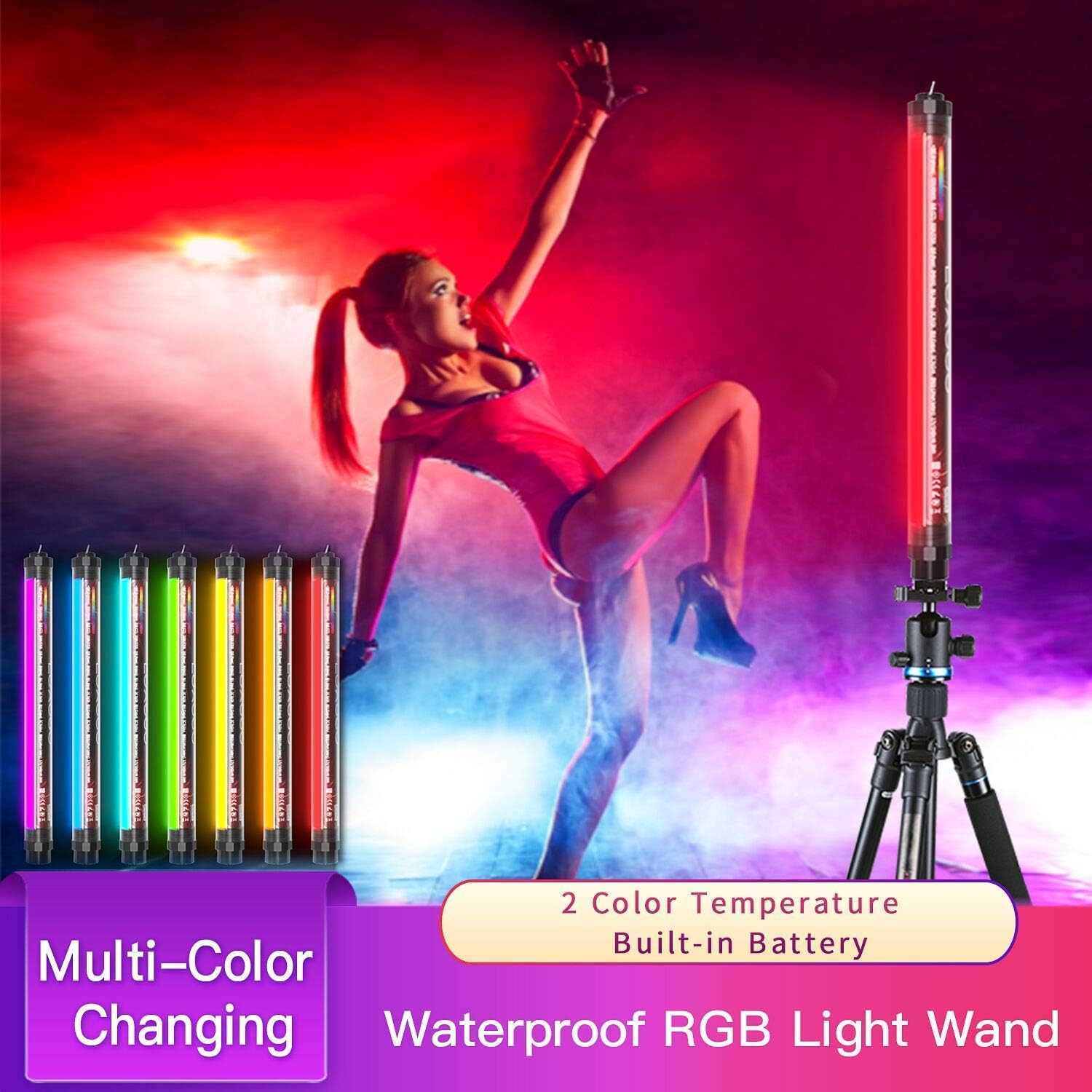 Handheld Photography Light Professional LED Video Light Wand 12 Lighting Mode, Stepless Dimming,CRI≥95 IP68 Waterproof with10400mAH Rechargeable Battery 3000k 5750k RGB Colorful Stick