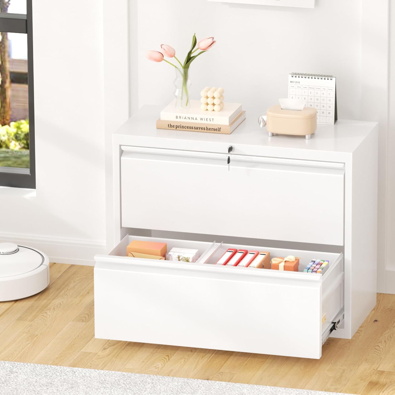 Greenvelly 2 Drawer File Cabinet, White Lateral File Cabinet with Lock, Metal Filing Cabinet for Home Office, Lockable Metal File Cabinet for Legal/Letter/A4/F4 Size with Hanging Bars&Key