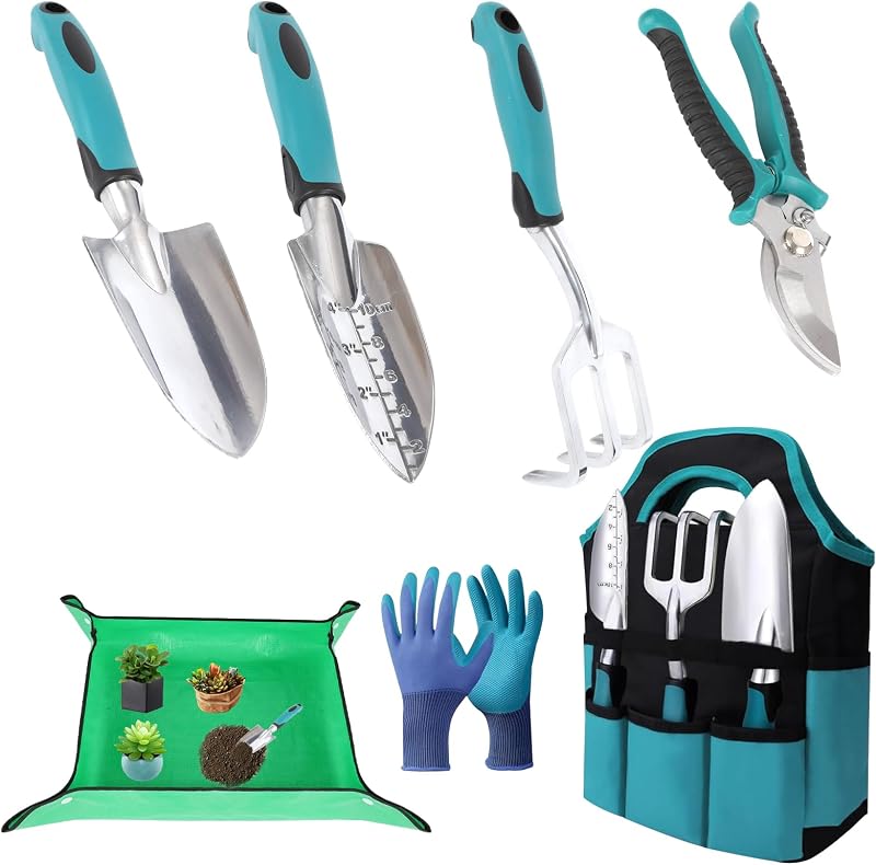 Herramientas de jardín, juego de herramientas de jardinería con mangos antideslizantes, herramientas manuales de jardinería ligeras de aleación de aluminio a prueba de herrumbre con guantes, herramientas de jardinería ideales, regalos para mujeres y hombres