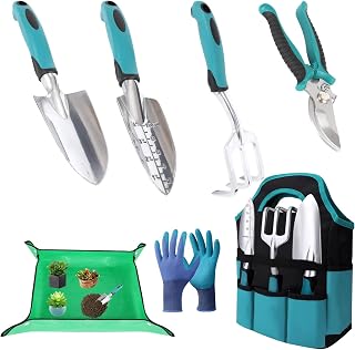 Herramientas de jardín, juego de herramientas de jardinería con mangos antideslizantes, herramientas manuales de jardinería ligeras de aleación de aluminio a prueba de herrumbre con guantes, herramientas de jardinería ideales, regalos para mujeres y hombres