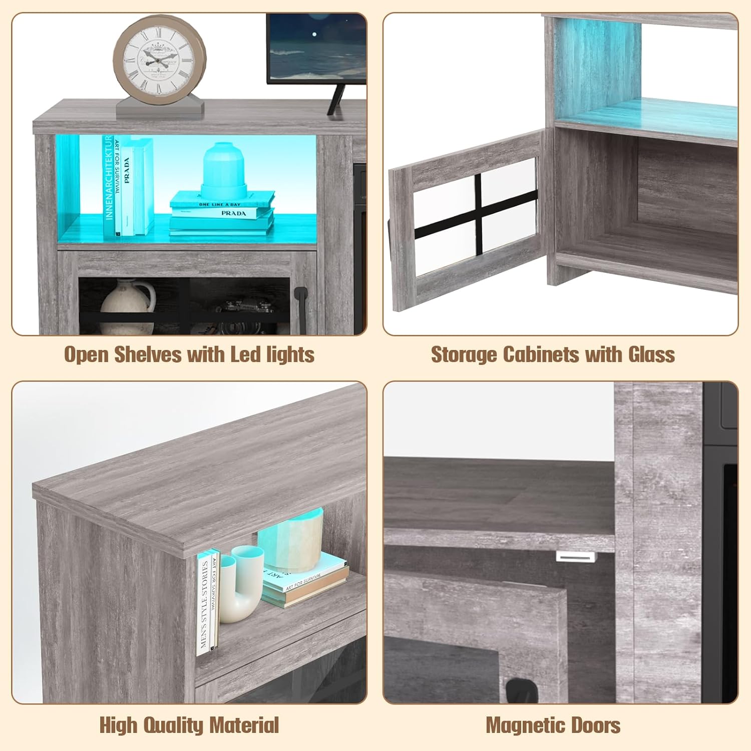 Livofloral Fireplace TV Stand for 75 Inch TV with LED Lights, Entertainment Center with 23" Electric Fireplace, Console Table with Open Storage Shelves & Cabinets for Living Room, Gray