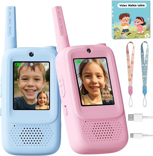 Video Walkie Talkies for Kids, Handheld 2 Pack Rechargeable Video Walkies Talkies, Indoor Outdoor Toys Christmas Birthday Gifts for Age 3-12 Year Old Girls Boys (Blue & Pink)