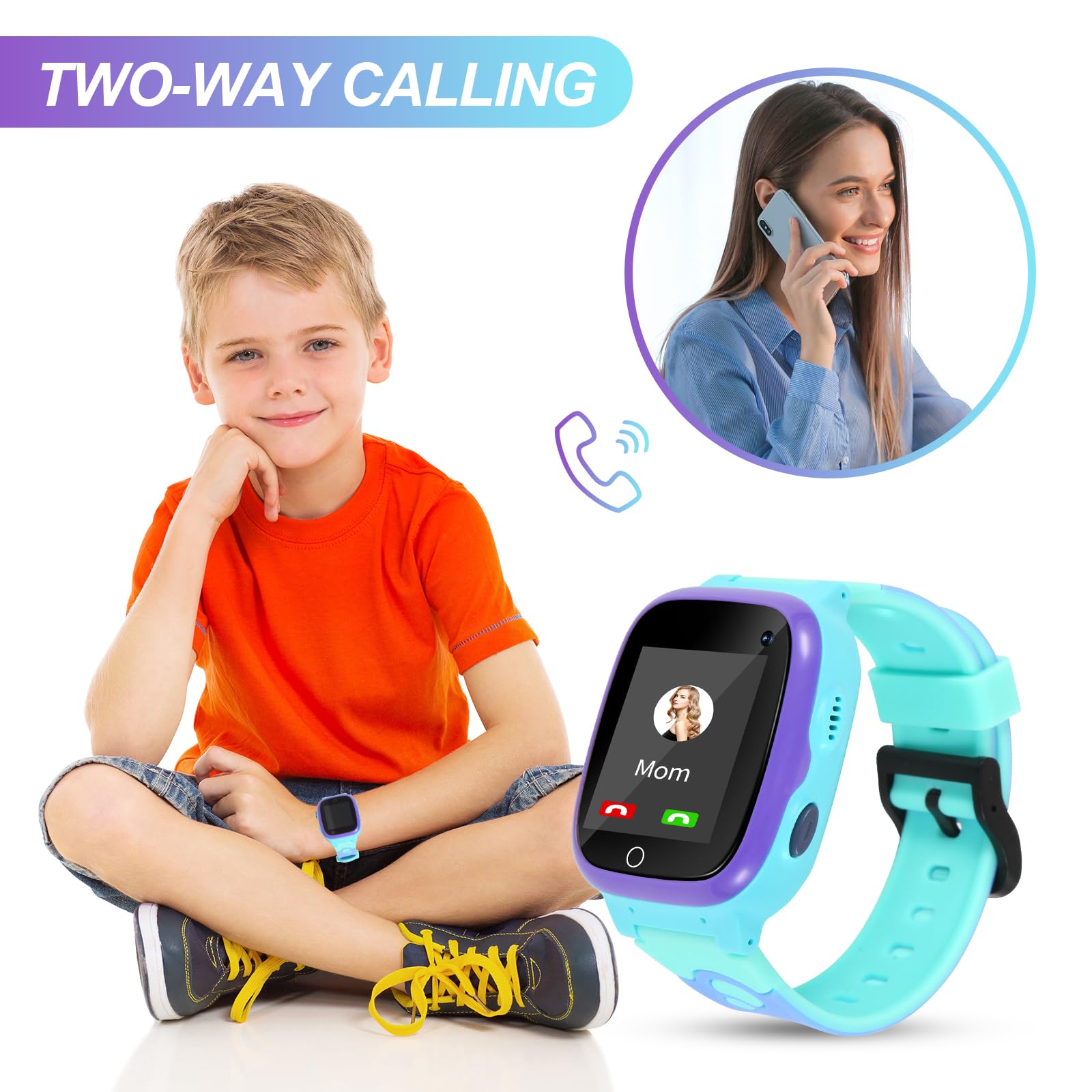 Rastreador lbs de Reloj Inteligente para niños, SOS Juego matemático Llama a la Cámara Pantalla táctil Alarma (Azul)