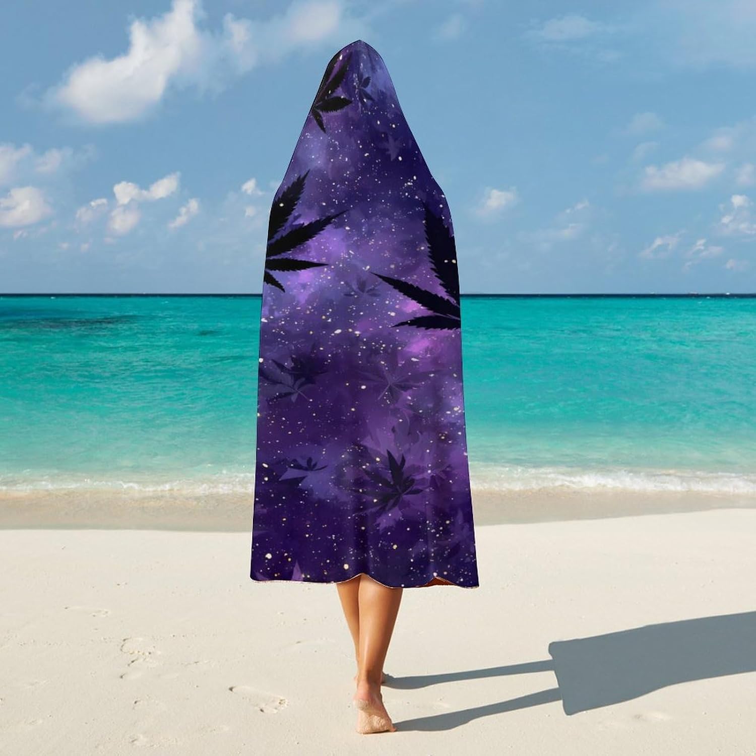 Galaxy Weed Leaf Wearable Blanket Oversized Throw Cape | Cozy Hooded Blanket Gifts for Women Men