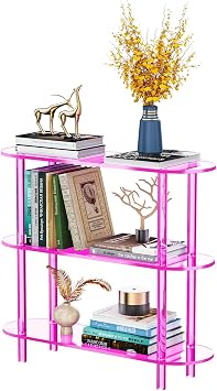 Clear Bookshelf, Acrylic Bookcase with Open Book Shelf Console Table for Entryway Office 3 Tier Pink