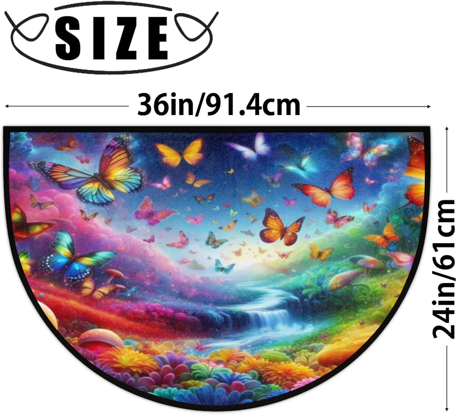 Half Round Doormat Colored Butterfly Flower Non Slip Half Circle Area Rugs Indoor Washable Half Moon Rug Semi Circle Bathroom Runner Mat Entrance Floor Carpet for Kithen Bedroom Fireplace Decor