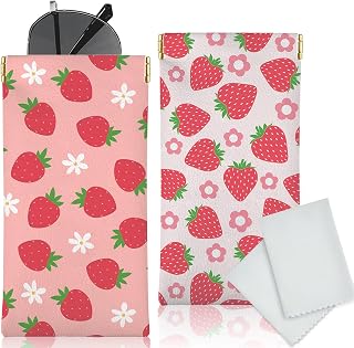 Glasses Case Soft, Eyeglass Cases for Women Portable Squeeze Top PU Leather 2 Pack Glasses Pouch with Cleaning Cloth