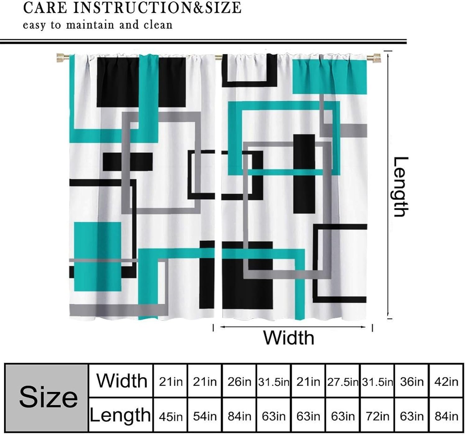 Teal Curtains Mid Century Modern Turquoise Abstract Aqua Black Grey Geometric White Backdrop Blackout Rod Pocket Curtains for Bedroom Living Room Kitchen Window Drapes 2 Panel Set 42x45 Inch