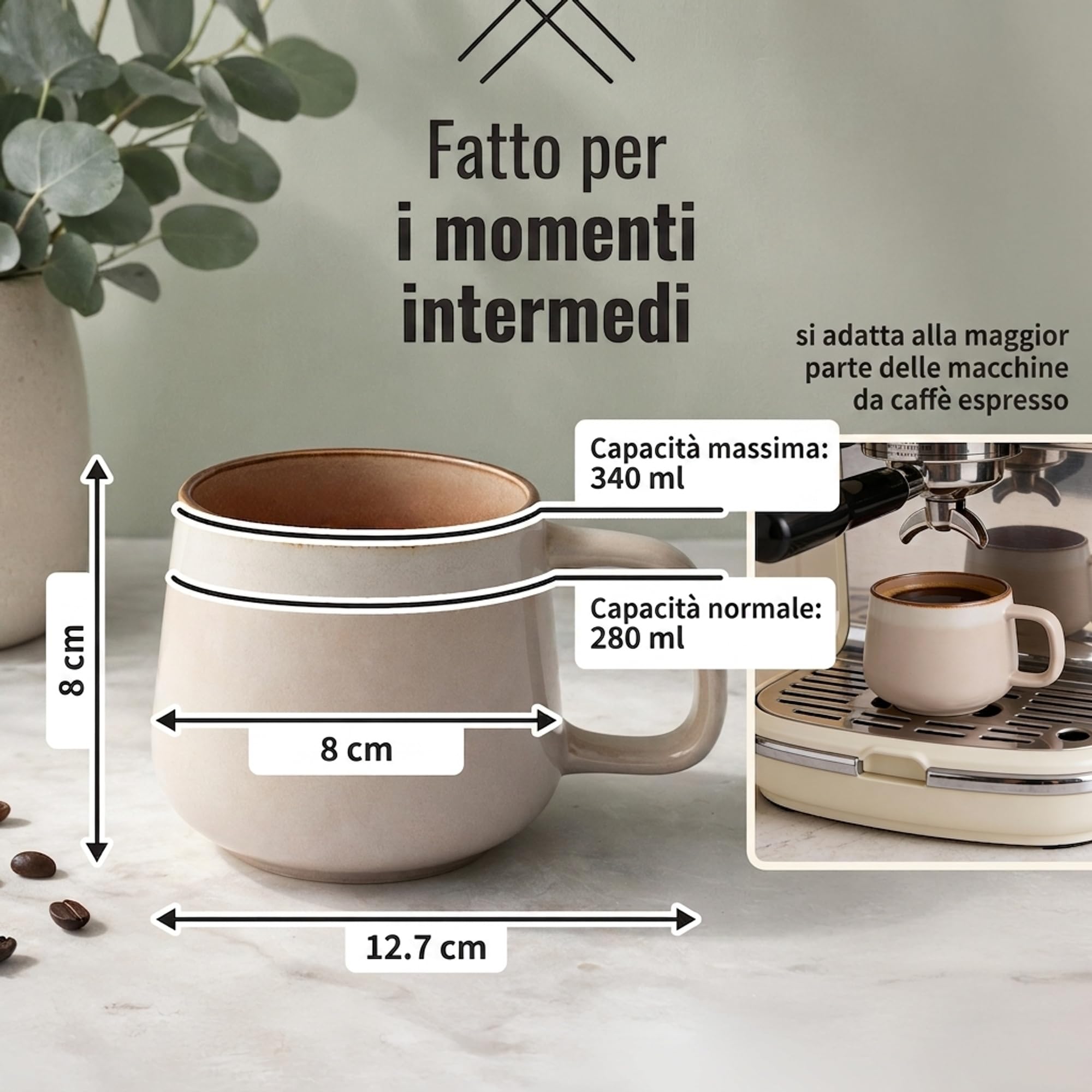 Ava Nord Gres Tazze da Caffè in Ceramica | Set di 4 | 340ml | Rose Sand | Senza Piombo, Atossico, Microonde e Lavastoviglie, Impugnatura Comoda, Design Nordico Elegante, Ideale per Cappuccino