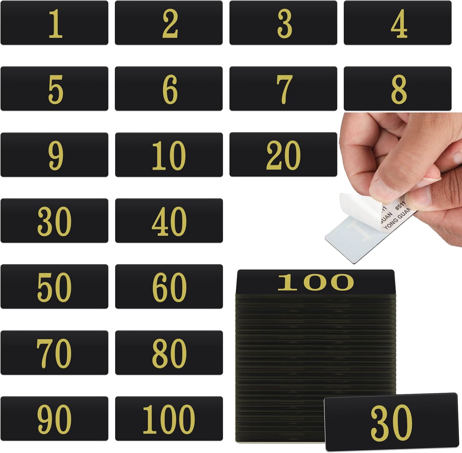 100 PCS Acrylic Numbered Stickers 2.4” x 1” Black Rectangle Locker Number 1-100 Tags Cabinet Locker Number Plates with Self-Adhesive Tape for Table Door House Office Classroom Mailbox