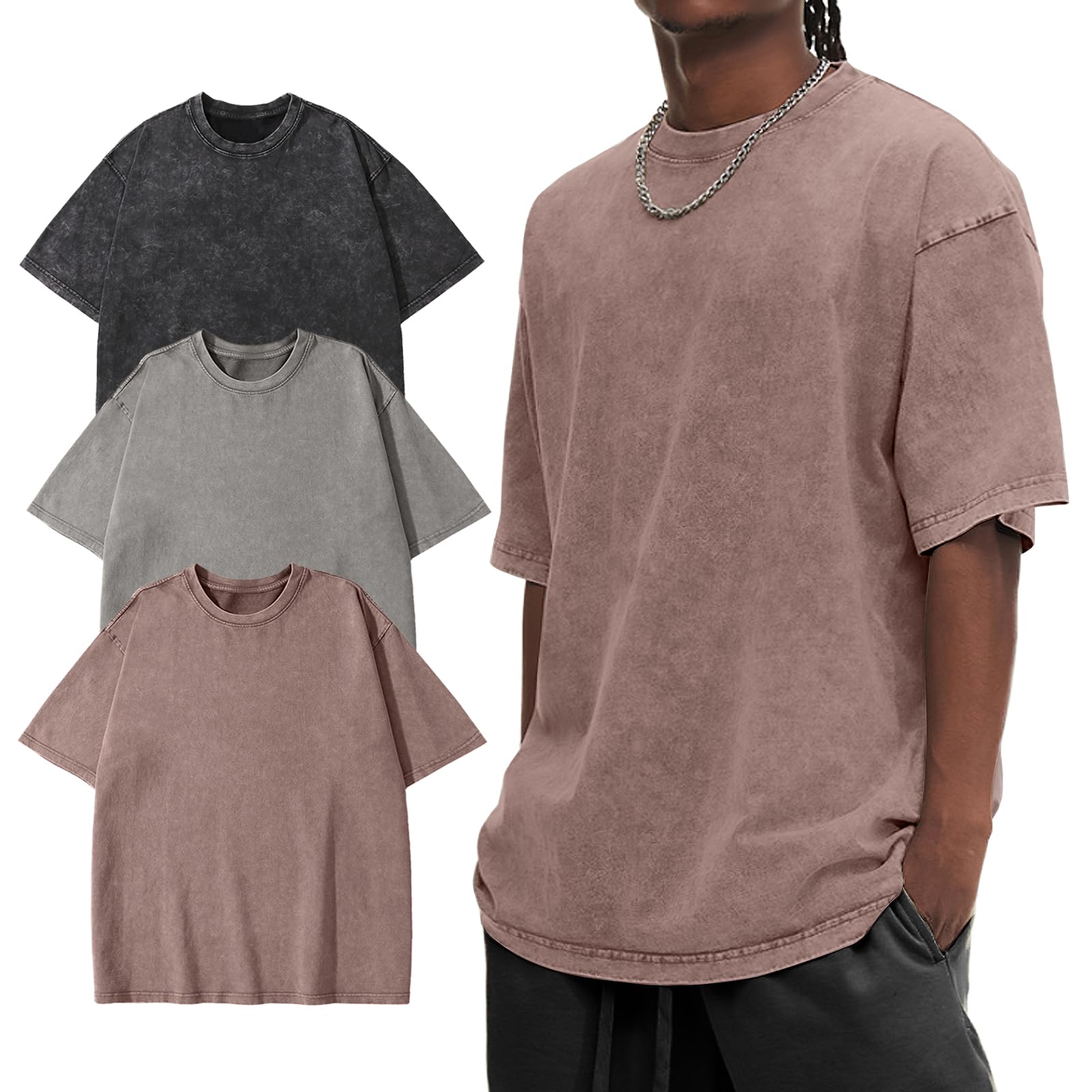 Eisctnd Confezione da 4 magliette oversize da uomo in cotone pesante, maglietta vintage, vestibilità ampia, a maniche corte, casual, streetwear, unisex