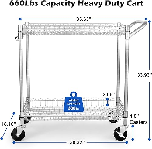 Miniatura 4 de Carrito utilitario resistente de 2 niveles, carritos rodantes NSF con ruedas, carrito de almacenamiento de capacidad de 660 libras con asa, carrito