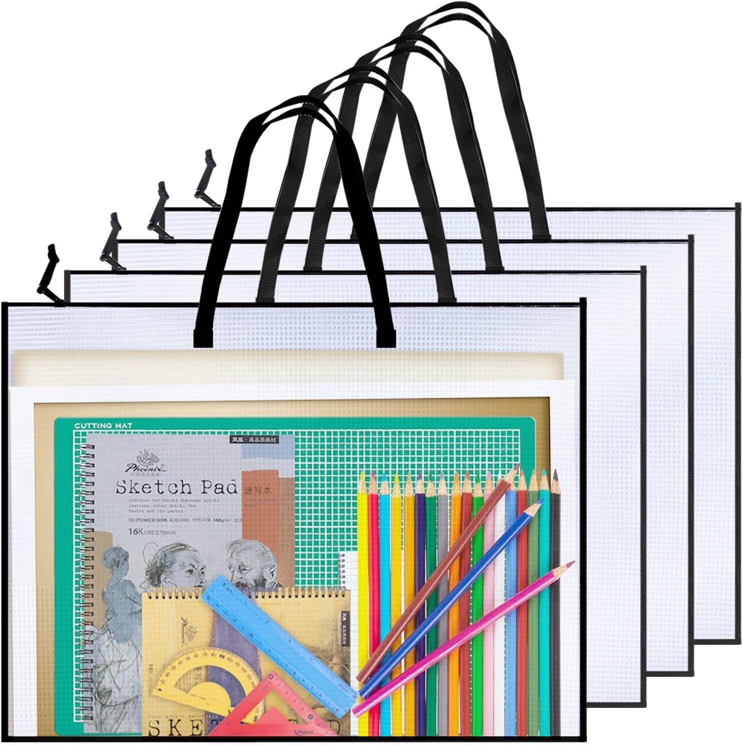 Opret 4 Pack 19x25 inch Art Portfolio Bags, Artwork Storage Case with Handle and Zipper Vinly Mesh Folder Organizers for Bulletin Boards, Scrapbooks, Keepsake and Poster Storage
