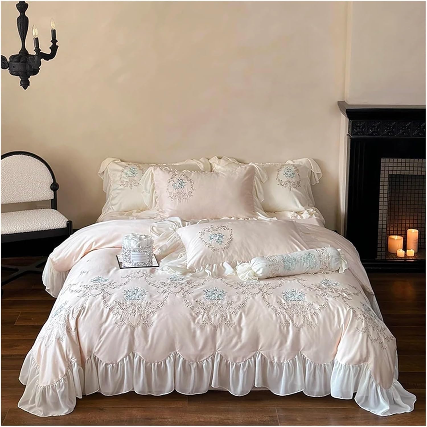 Rose Flowers Embroidery Lace Ruffles Duvet Cover Bed Sheet Pillowcases 1000TC Egyptian Cotton French V-intage Wedding Bedding Set,Bed