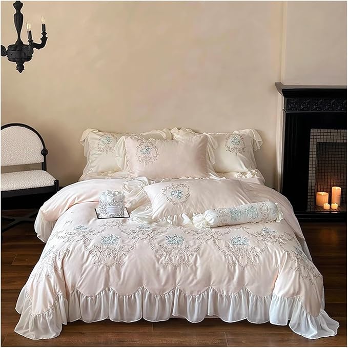 ADovz Rose Flowers Embroidery Lace Ruffles Duvet Cover Bed Sheet Pillowcases 1000TC Egyptian Cotton French V-intage Wedding Bedding Set,Bed Sheets
