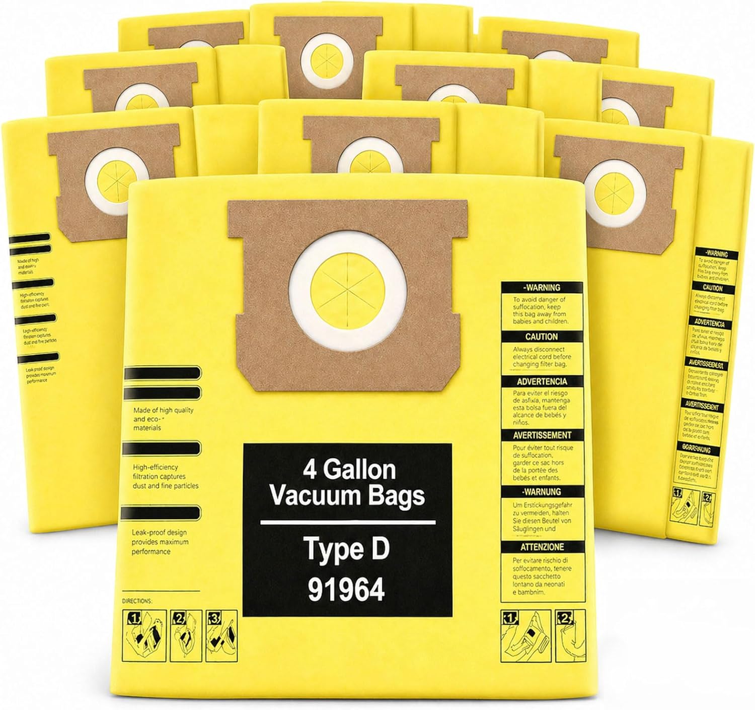 10 Pack 91964 Type D Vacuum Bags Replacement Compatible with Shop-Vac 4 Gallon Wet/Dry Vacuums, Fits 9196400 9196433 All Around Plus FloorMaster, High Efficiency Dust Collection Bag