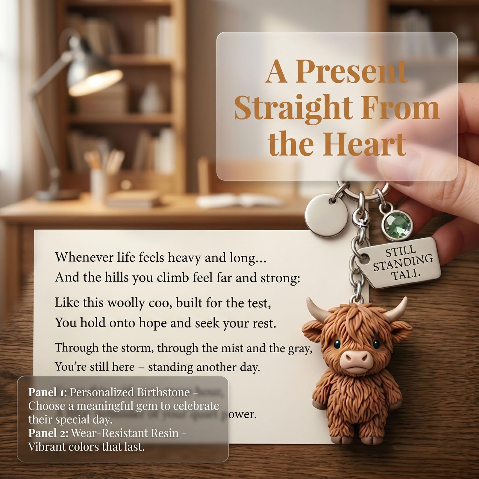 A Little Highland Cow For You Keychain: Your Daily Reminder of Quiet Strength, Cute 3D Resin Tiny Cow Keychainwith Birthstone & Sentiment Card for Women, Friends Family — view 5